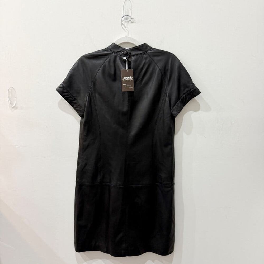 Zara Short Sleeve Pleated Trim High Neck Leather Mini Dress Black Women's Size M - Picture 2 of 4
